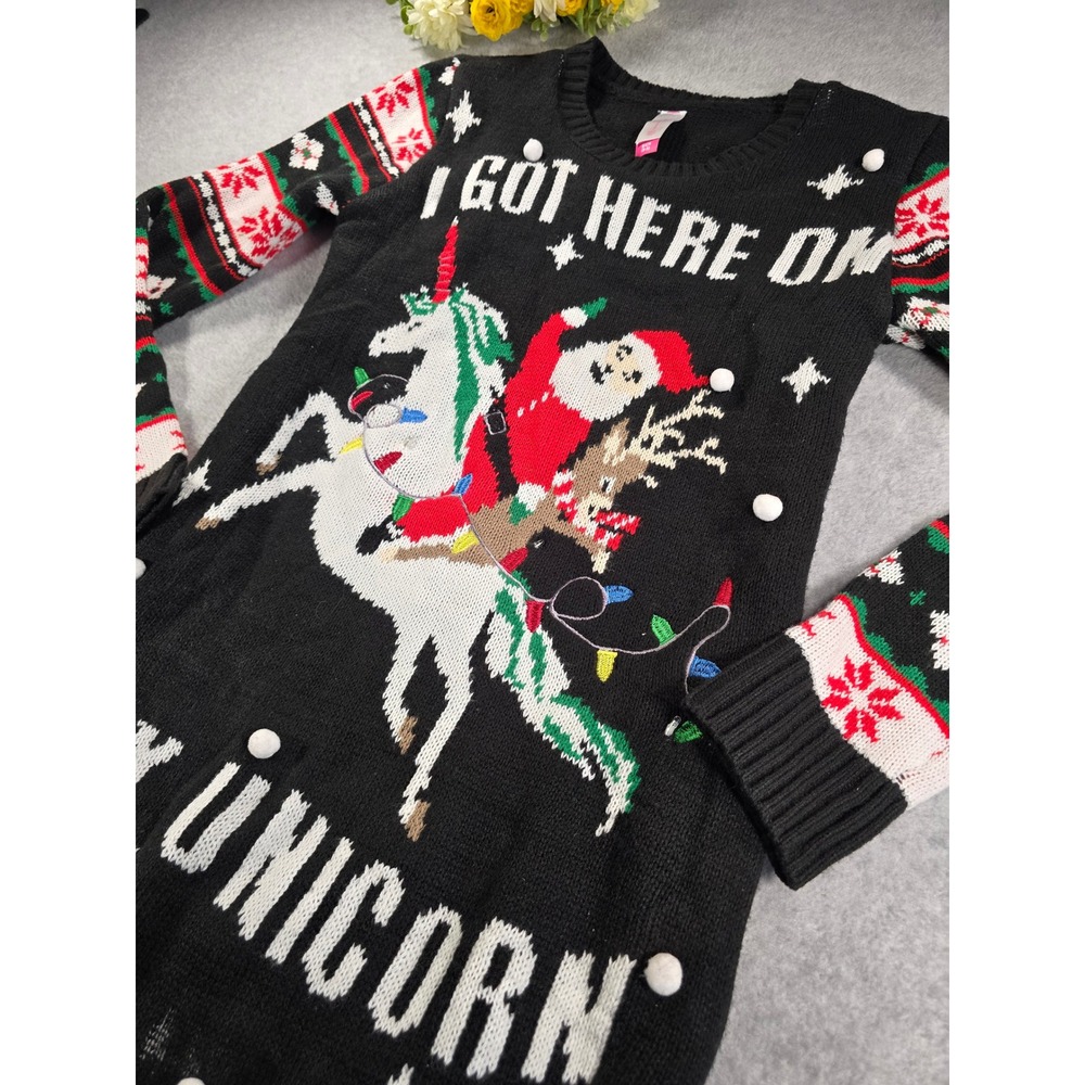 No‎ Boundaries Knit Ugly Christmas Sweater Size Small Santa Unicorn - Picture 3 of 9